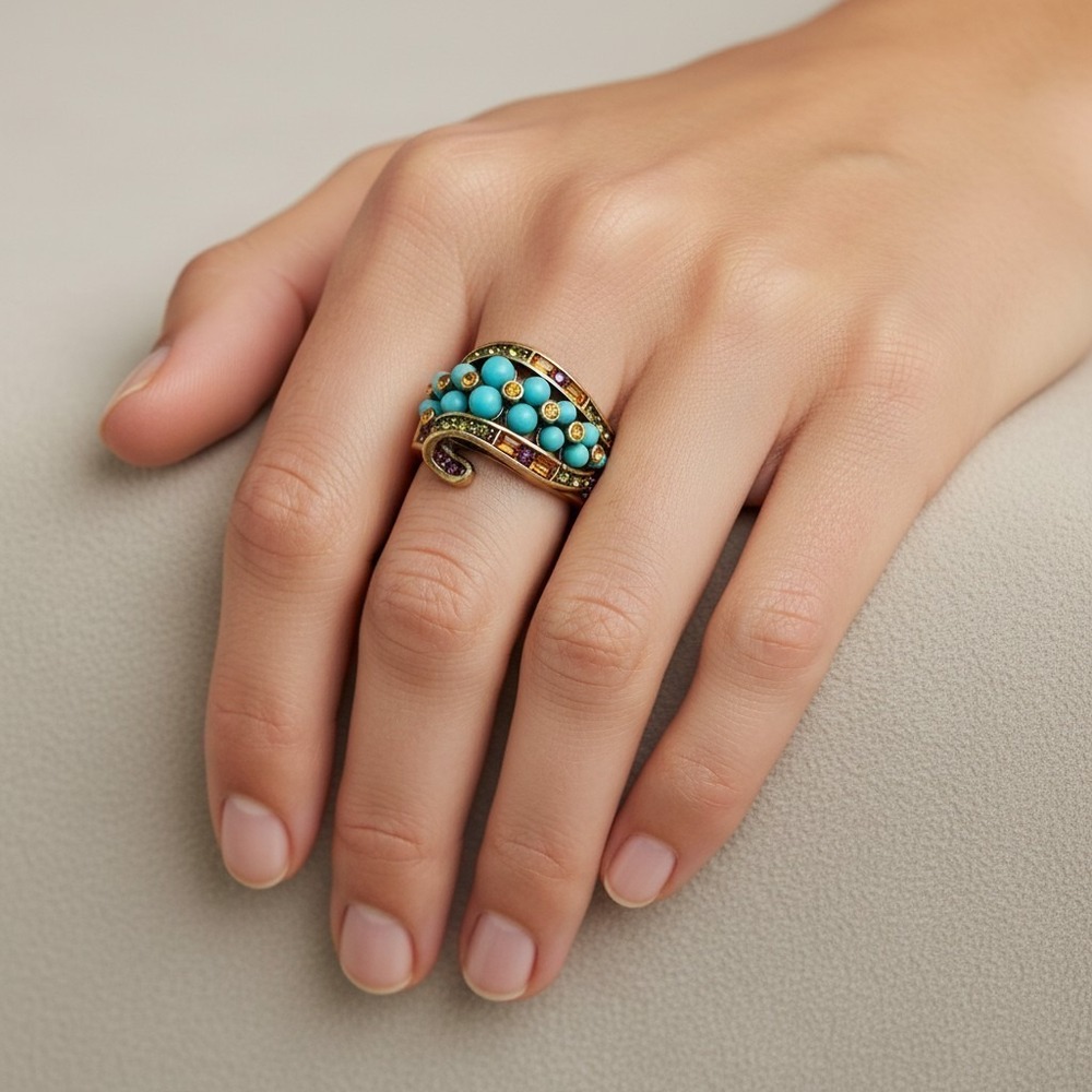 Heidi Daus Faux Turquoise Crystal Ribbon Cocktail Ring Bronzetone Sz10 Art Deco